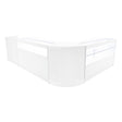 Sleek white Gravity LED shop counter set featuring curved design, glass display sections, and modern finish for retail spaces