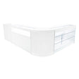 Polaris LED shop counter set in sleek white, featuring glass display shelves and a modern, curved design for retail spaces