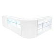 Sleek white LED shop counter set featuring glass shelves and a modern design, ideal for retail displays and product showcases