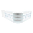 Sleek white Astro LED shop counter set featuring glass display shelves and curved edges, ideal for showcasing products in retail spaces
