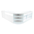 Modern white LED shop counter set featuring sleek glass shelves and curved design, ideal for retail displays and organization