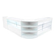 Sleek white LED shop counter set featuring curved design, glass shelves, and modern finishes, ideal for retail displays and organization