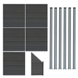 Grey composite fence panels arranged with an angled piece and six sleek LED posts, showcasing a modern, textured design