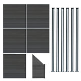 Grey composite fence panels arranged with an angled piece and six sleek LED posts, showcasing a modern, textured design