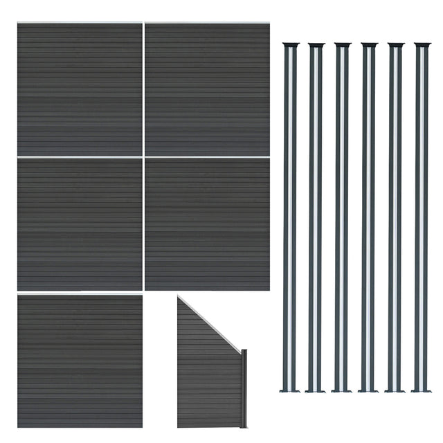 Grey composite fence panels arranged with an angled piece and six sleek LED posts, showcasing a modern, textured design