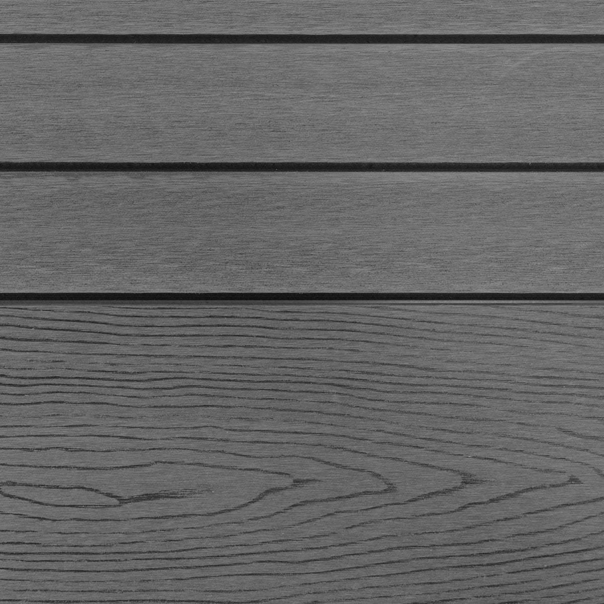 Grey composite fence panels with a smooth texture and wood-like grain, featuring six panels and angled pieces for installation