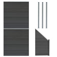 Grey composite fence panels with angled piece and three sleek LED posts, showcasing a modern, textured design for outdoor spaces