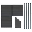 Grey composite fence panels arranged with an angled piece and four sleek LED posts, showcasing a modern, textured design