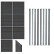 Grey composite fence panels arranged in a grid with an angled piece and eight sleek LED posts, showcasing a modern design and texture