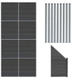 Grey composite fence panels with eight flat sections, an angled piece, and nine sleek LED posts, showcasing a modern design