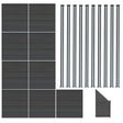 Nine grey composite fence panels, one angled piece, and ten sleek LED posts, showcasing a modern, textured design