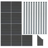 Nine grey composite fence panels, one angled piece, and ten sleek LED posts, showcasing a modern, textured design