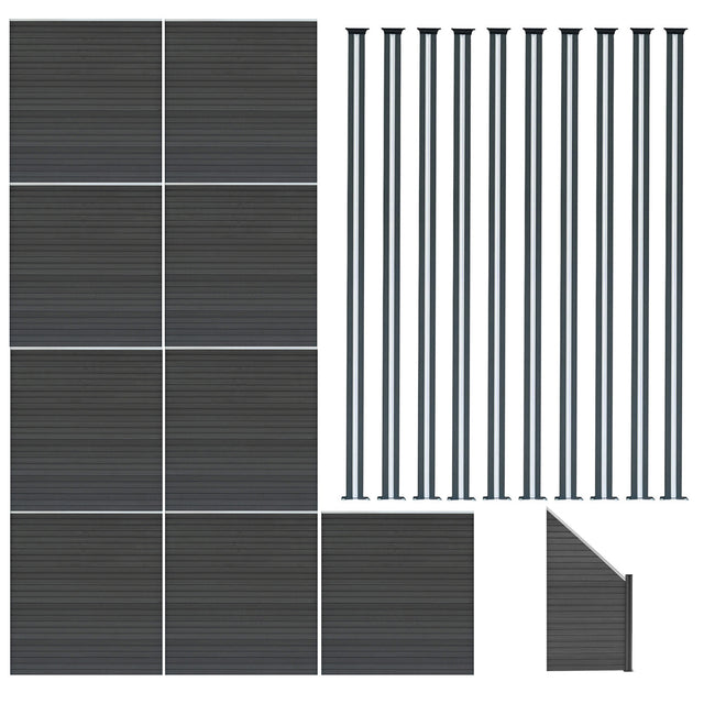 Nine grey composite fence panels, one angled piece, and ten sleek LED posts, showcasing a modern, textured design