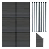 Grey composite fence panels, angled piece, and seven LED posts, showcasing a sleek, modern design with textured surfaces