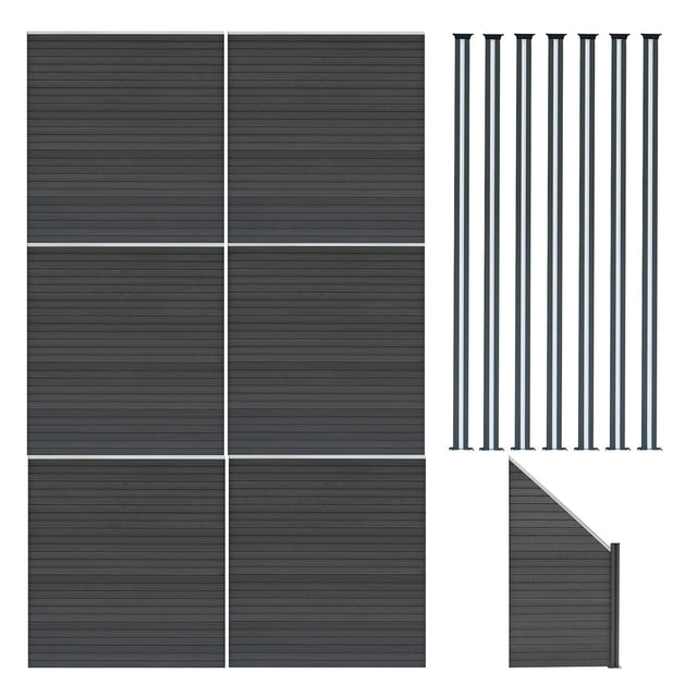 Grey composite fence panels, angled piece, and seven LED posts, showcasing a sleek, modern design with textured surfaces