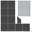 Grey composite fence panels arranged in a grid with angled piece and eleven sleek LED posts, showcasing a modern design and texture