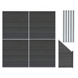 Grey composite fence panels arranged in a grid with an angled piece and five sleek LED posts, showcasing a modern design and durable texture