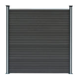 Grey composite fence panel with horizontal slats, featuring sleek LED posts on either side, showcasing a modern design and durable material
