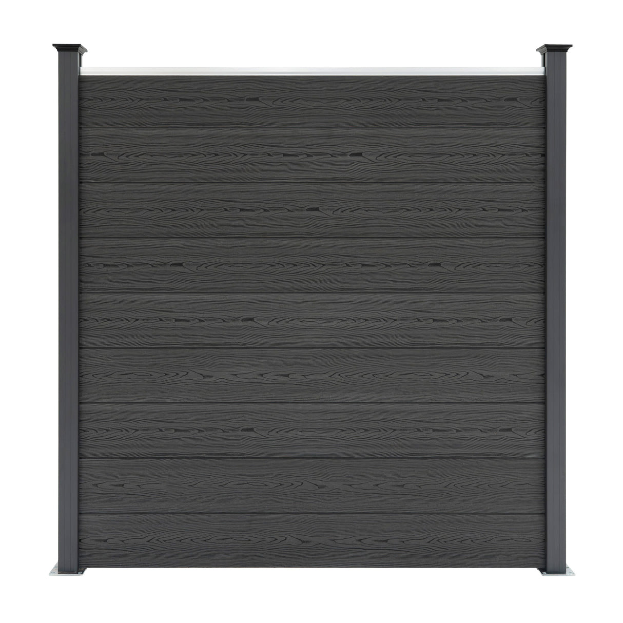 Grey composite fence panels with a textured wood grain finish, featuring sleek black LED posts for modern outdoor aesthetics