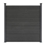 Grey composite fence panels with a textured wood grain finish, featuring sleek black LED posts for modern outdoor aesthetics
