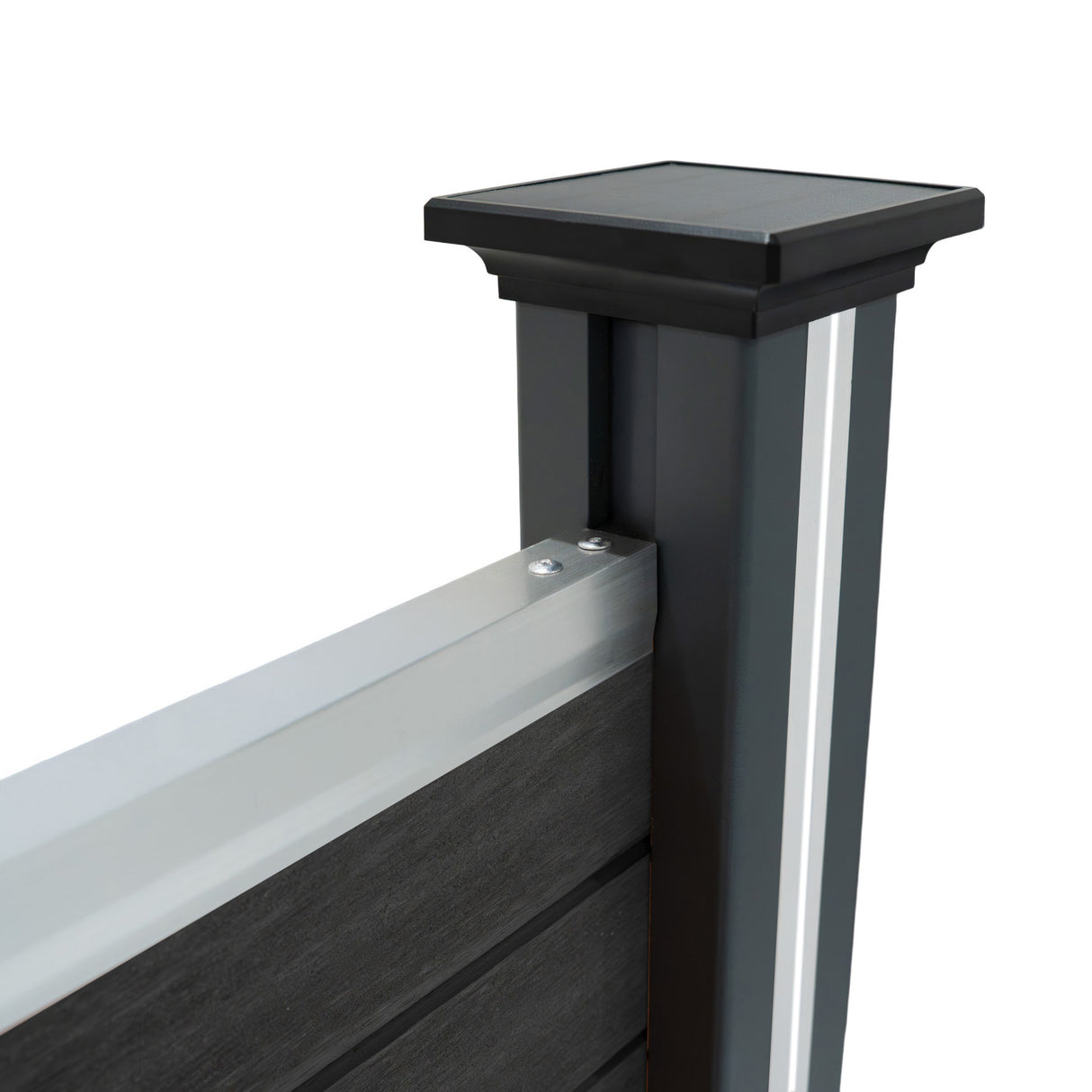 Grey composite fence panel with angled piece and LED post, featuring a sleek design, smooth texture, and modern finish