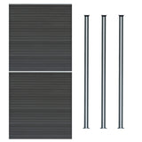 Grey composite fence panels with horizontal slats, paired with three sleek LED posts for modern outdoor aesthetics