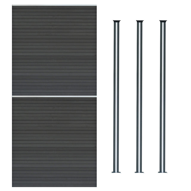 Grey composite fence panels with horizontal slats, paired with three sleek LED posts for modern outdoor aesthetics