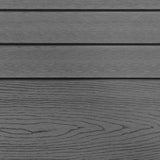 Grey composite fence panels with a textured wood grain finish, featuring horizontal slats for a modern outdoor aesthetic