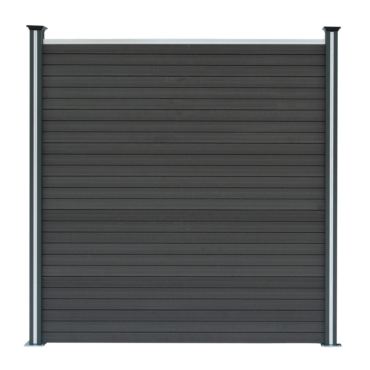 Grey composite fence panel with horizontal slats, framed by sleek metallic posts, ideal for modern outdoor spaces