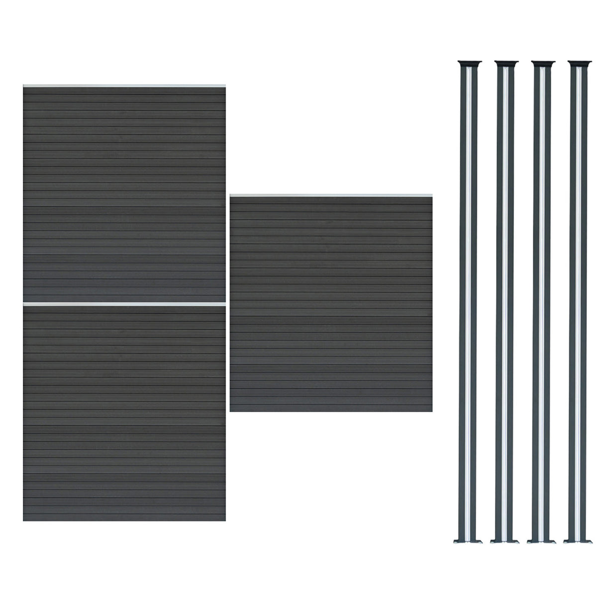 Grey composite fence panels with a textured finish, accompanied by four sleek LED posts for modern outdoor fencing solutions