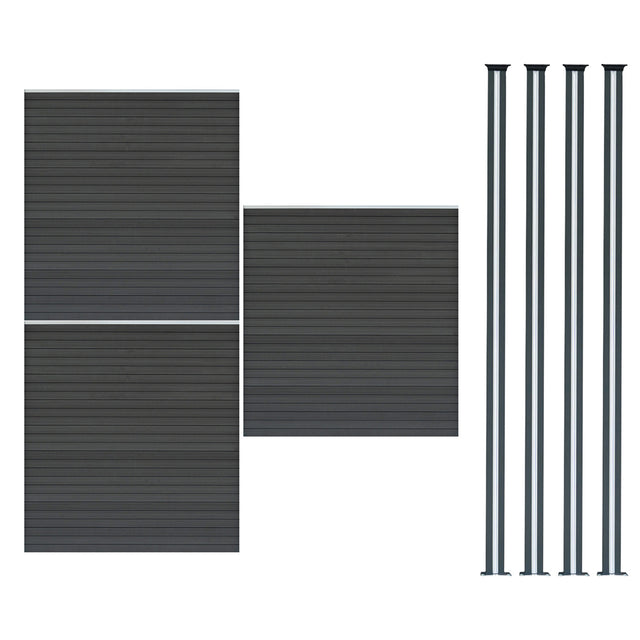 Grey composite fence panels with a textured finish, accompanied by four sleek LED posts for modern outdoor fencing solutions