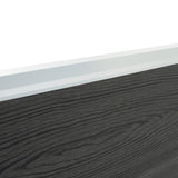 Grey composite fence panel featuring a textured wood grain design and a sleek white top rail, ideal for modern outdoor spaces