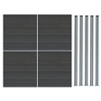 Grey composite fence panels arranged in a grid with five sleek LED posts, showcasing a modern, textured finish and durable design