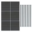 Grey composite fence panels arranged in a grid with seven matching LED posts, showcasing a sleek, modern design and textured surface