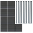 Grey composite fence panels arranged in a grid with ten matching LED posts, showcasing a sleek, modern design and textured finish
