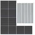 Grey composite fence panels arranged in a grid with eleven sleek LED posts, showcasing a modern, textured design