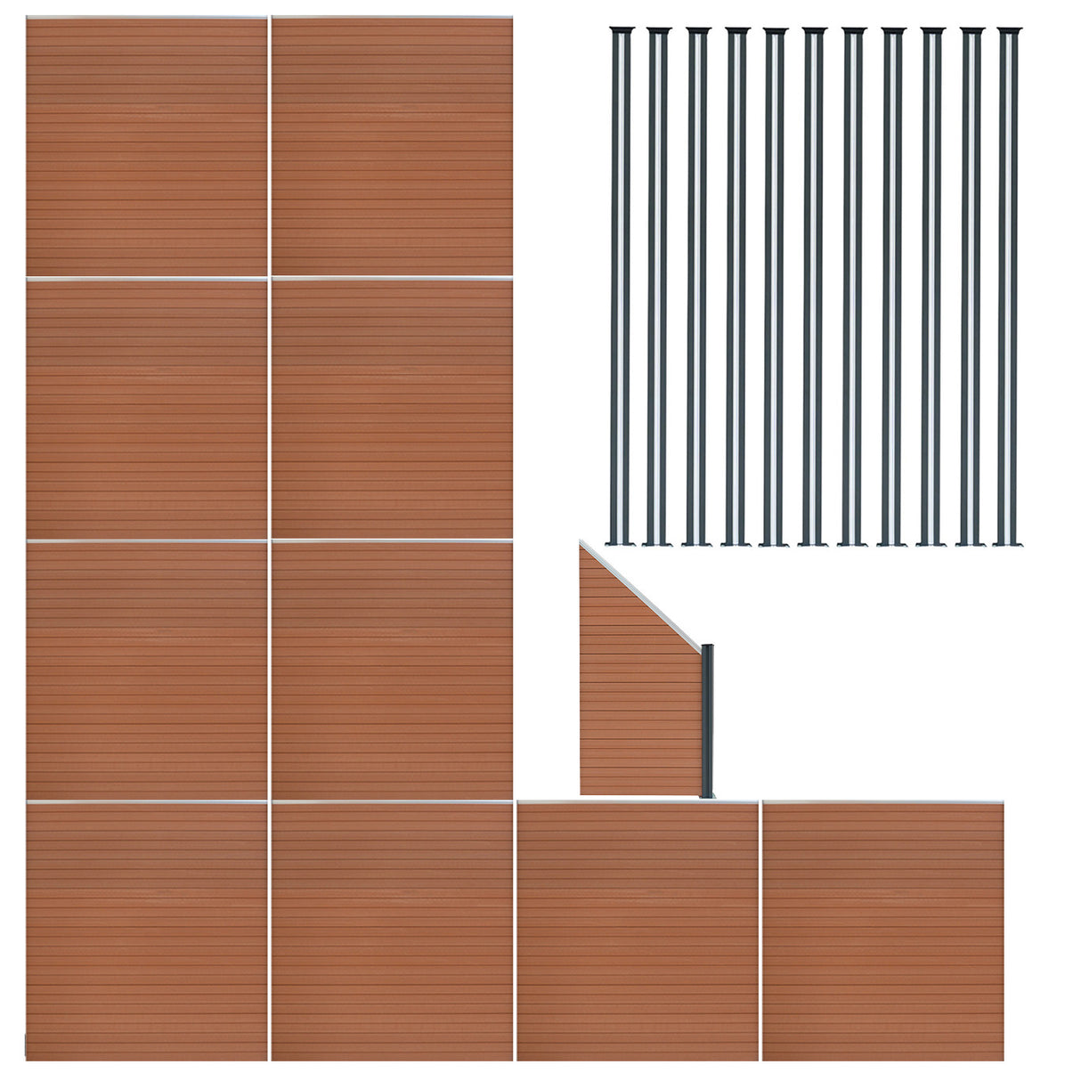 Brown composite fence panels arranged with an angled piece and eleven sleek LED posts, showcasing a modern design and smooth texture
