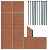 Brown composite fence panels arranged with an angled piece and eleven sleek LED posts, showcasing a modern design and smooth texture
