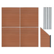 Brown composite fence panels arranged in a grid with an angled piece and five sleek LED posts for modern outdoor spaces