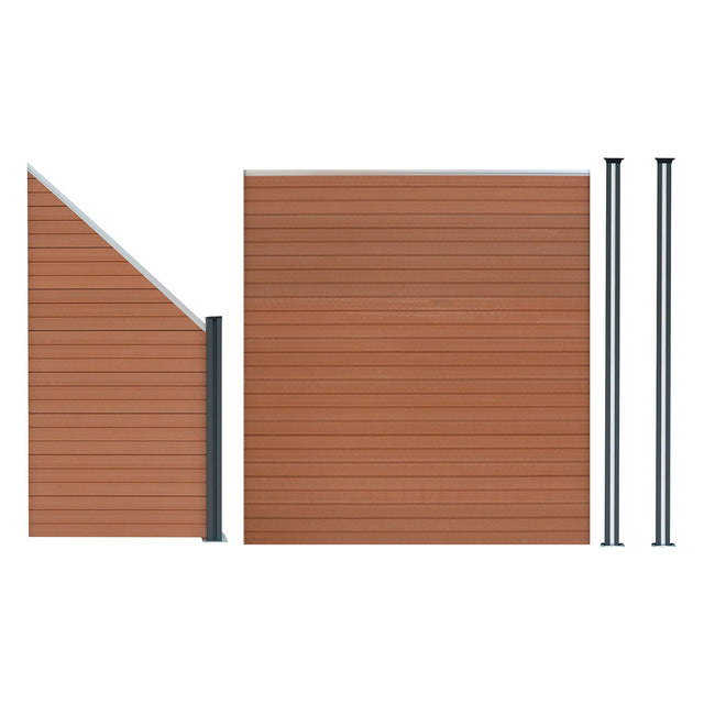 Brown composite fence panel with an angled piece and two sleek LED posts, showcasing a smooth texture and modern design