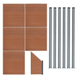 Brown composite fence panels arranged with an angled piece and six sleek LED posts, showcasing a modern, textured design