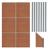 Brown composite fence panels with a textured finish, angled piece, and seven sleek LED posts in a modern design