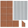 Brown composite fence panels arranged in a grid with angled piece and ten sleek LED posts, showcasing a modern design and texture
