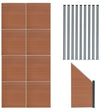 Brown composite fence panels arranged in a grid, with an angled piece and nine sleek LED posts in a vertical line, showcasing modern design