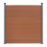 Brown composite fence panel with horizontal slats, framed by sleek black metal posts, showcasing a modern and durable design