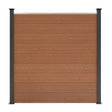 Brown composite fence panel with a textured wood grain finish, framed by sleek black LED posts, ideal for outdoor spaces