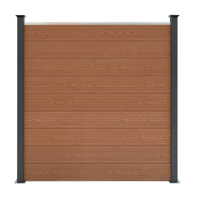 Brown composite fence panel with a textured wood grain finish, framed by sleek black LED posts, ideal for outdoor spaces