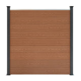 Brown composite fence panels with a wood-like texture, featuring sleek black LED posts for a modern outdoor aesthetic