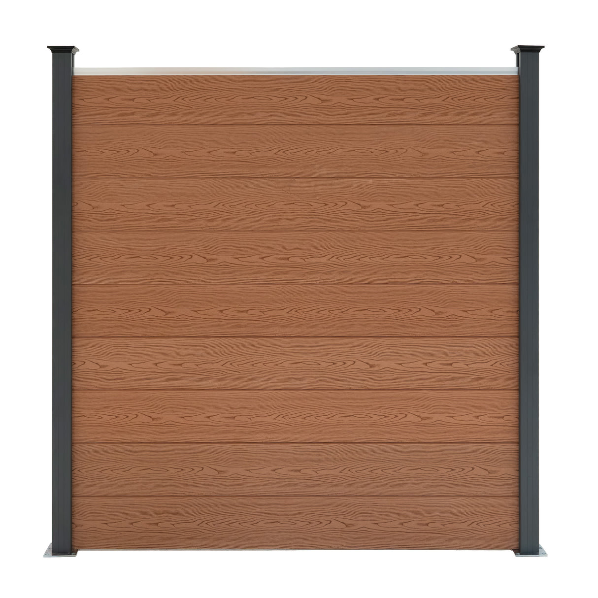 Brown composite fence panel with a smooth wood-like texture, flanked by two sleek black LED posts for modern outdoor aesthetics