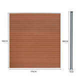 Brown composite fence panel with angled piece, accompanied by two sleek LED posts, showcasing a modern design and durable texture